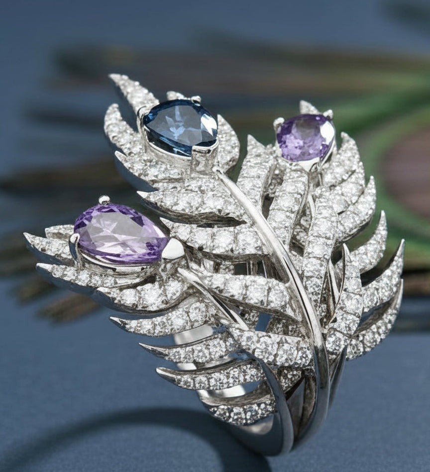 An 18k white gold ring with bluish-purple spinels and melee diamonds arranged to resemble a peacock feather.